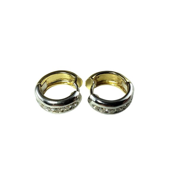 Vintage 14 Karat Reversible Two Tone Gold and Diamond Huggie Earrings #13838 - Picture 5 of 16